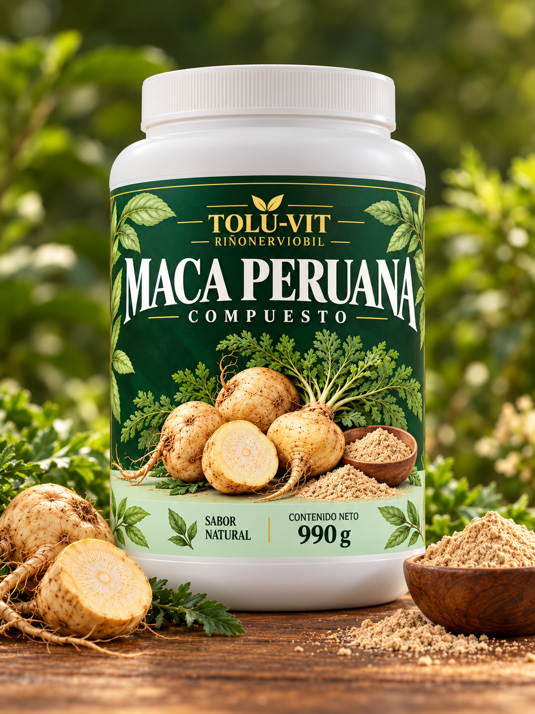 Presentación de Maca Peruana Compuesto TOLU-VIT en envase con etiqueta verde, sobre madera con raíces de maca y fondo natural
